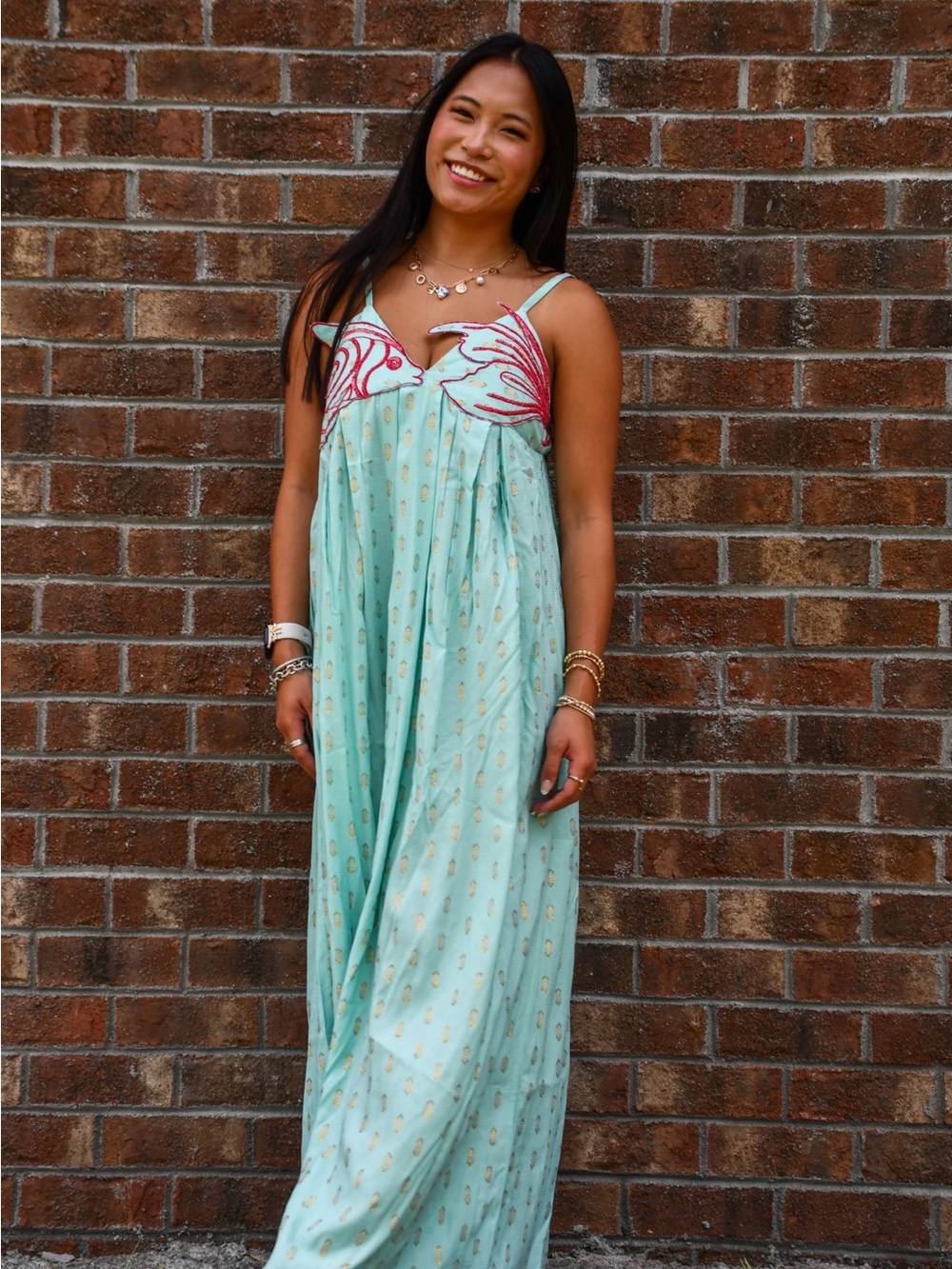 Light Aqua Maxi Dress with Pink Embroidered Bodice